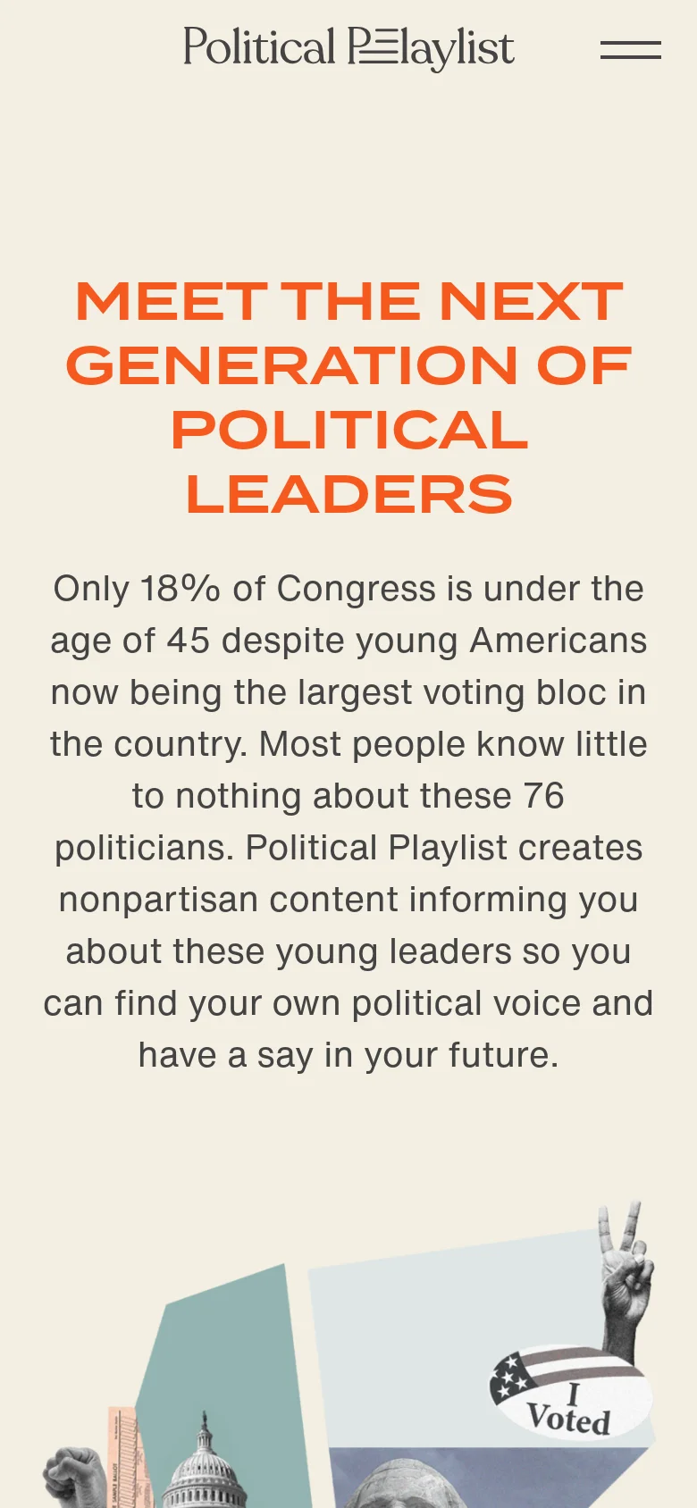 The mobile version maintains the cream background and bold orange headline, but the text is stacked vertically to fit the narrow screen. The layout is simplified, centering the headline and descriptive text, with the hero image appearing at the bottom of the viewport.
