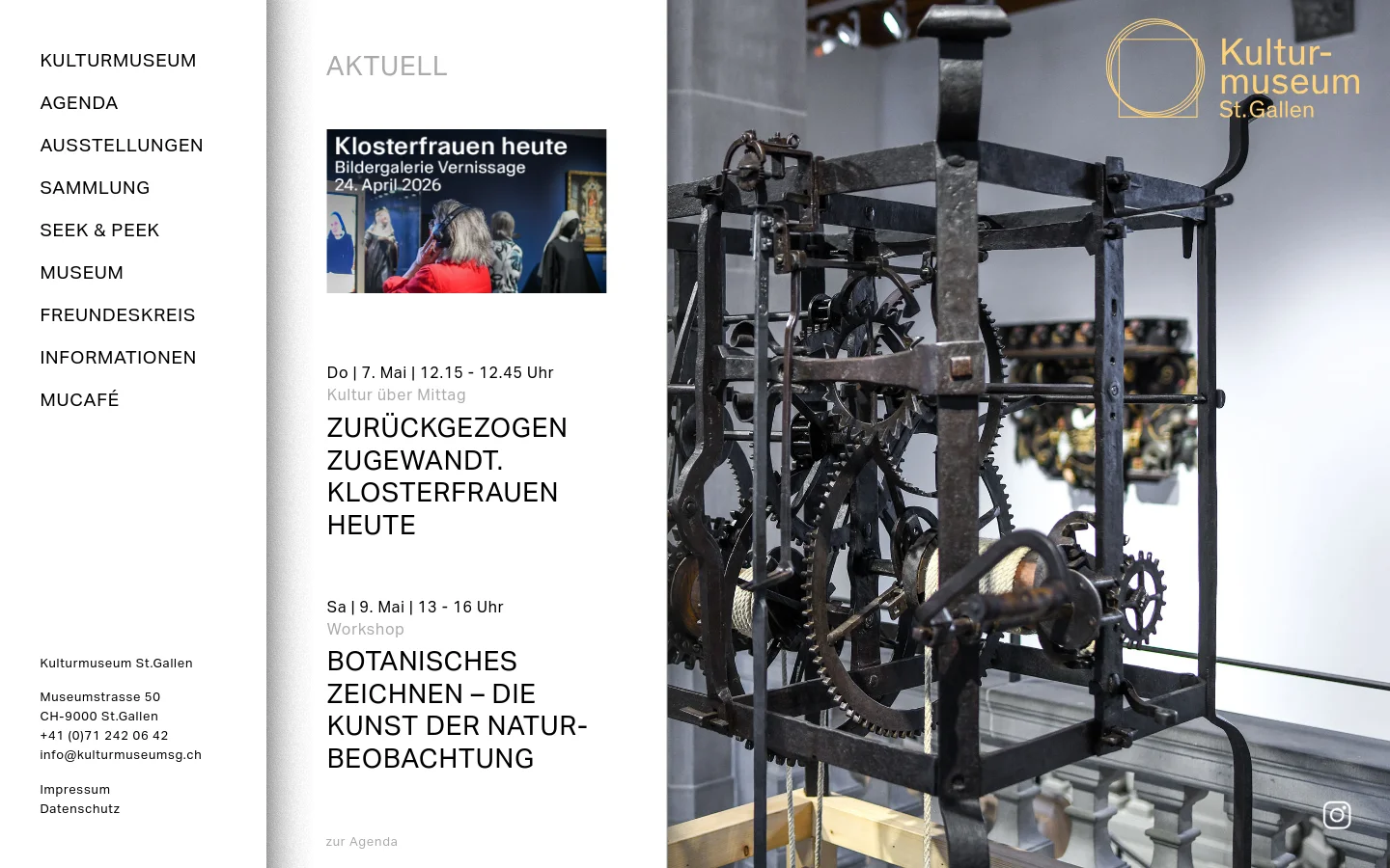 The desktop homepage for Kulturmuseum St. Gallen features a minimalist design with a large, high-contrast hero image of an intricate mechanical clockwork mechanism. A white sidebar on the left contains the navigation menu and contact information, while the main content area displays the heading 'AKTUELL' followed by event updates and a featured image for a gallery vernissage.