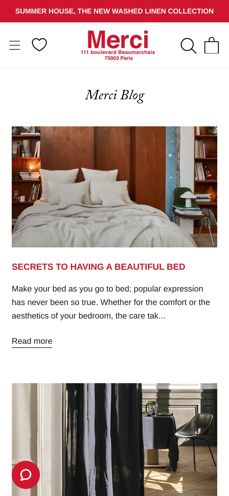 The mobile version of the Merci Blog simplifies the layout into a single-column vertical scroll. The navigation menu is condensed into a hamburger icon, and the blog posts appear as large, full-width images followed by their respective headlines and text excerpts. The red announcement bar and brand logo remain prominent at the top of the screen.