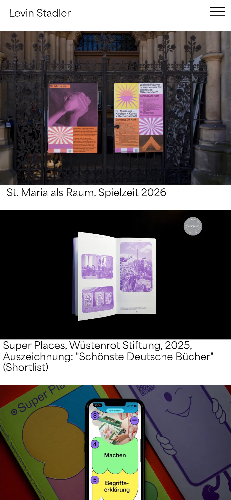 The mobile version presents a simplified vertical layout, starting with the Levin Stadler logo and a hamburger menu icon. The hero image of the posters on the gate is scaled down to fit the narrow screen, followed by a single-column stack of project entries featuring large images and titles.