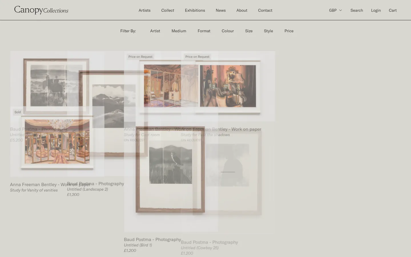 The desktop view shows a minimalist art gallery collection page with a clean white and beige color palette. A grid of framed artworks is displayed below a top navigation bar and a horizontal filtering menu containing options like Artist, Medium, and Price. The layout is spacious, featuring large product images with titles and prices listed directly underneath.