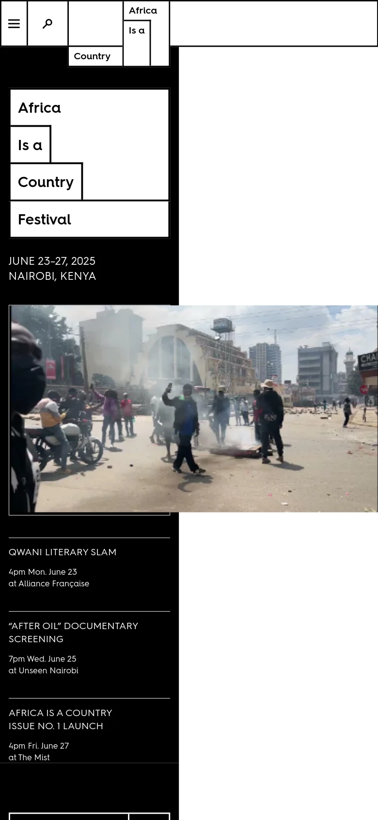 The mobile version features a vertical stack layout with the 'Africa Is a Country Festival' headline and date at the top. Below the text, a large photograph shows a crowded street scene, followed by a list of festival events including the Qwani Literary Slam and documentary screenings. The design uses high-contrast black and white colors with a simplified navigation menu.