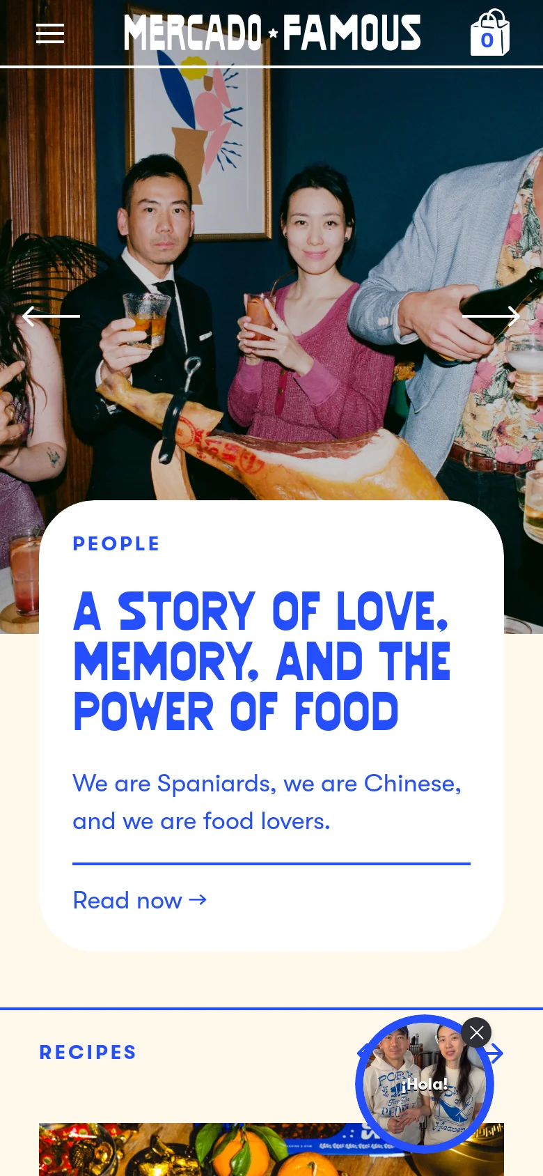 The mobile version presents a vertically stacked layout, starting with a hero image of people at a social gathering, partially obscured by a large white card featuring the 'People' headline and 'Read now' call to action. The navigation is condensed into a hamburger menu icon next to the brand logo, and the 'Recipes' section begins below the hero content. The layout is optimized for vertical scrolling on a narrow screen.