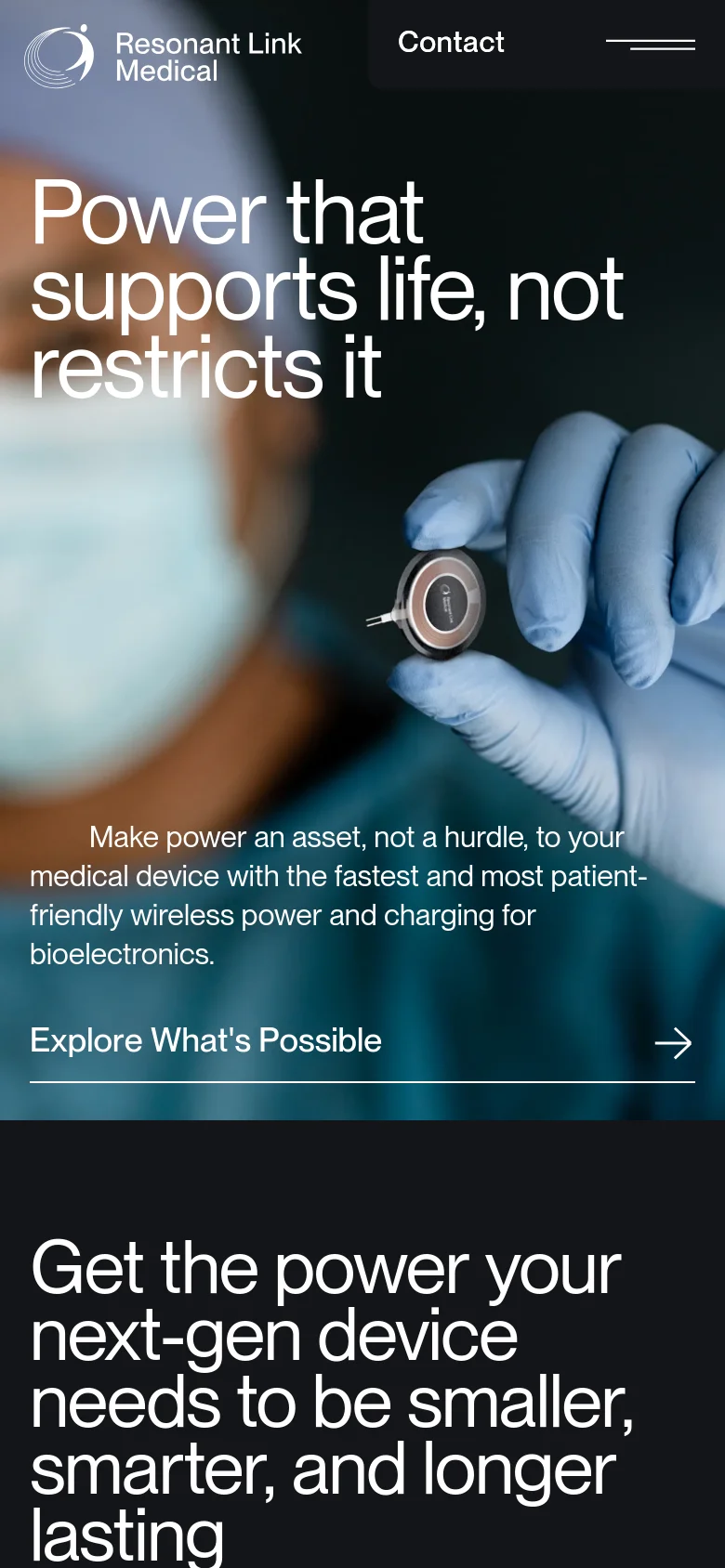 The mobile version presents a vertically stacked layout, starting with a hero image of a person walking, followed by the main headline and a primary call to action button. The content transitions into a single-column view for the technical statistics and platform features, making the text and icons easier to read on a smaller screen. The color palette remains consistent with dark backgrounds and white typography.