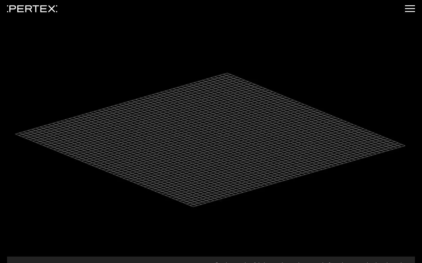 The desktop page features a dark, minimalist design with a large hero section showing a white 3D wireframe mesh of a fabric surface against a black background. Below the hero, the headline 'FABRICS' appears on the left, while an introductory paragraph about Pertex's innovative fabrics is positioned on the right. A cookie consent banner is visible at the bottom left.
