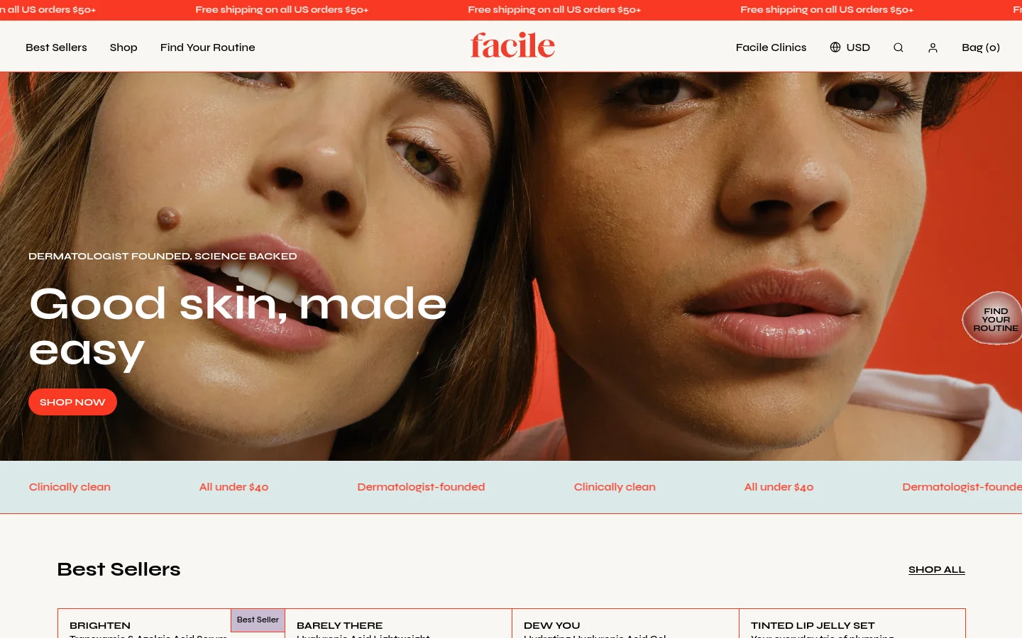 The desktop homepage features a large hero image of two people's faces against a vibrant orange background with the headline 'Good skin, made easy' and a red 'Shop Now' button. A white navigation bar sits above the hero, and a thin red announcement bar sits at the very top. Below the hero, a grid of text links highlights brand values like 'Clinically clean' and 'All under $40', followed by a 'Best Sellers' product section.