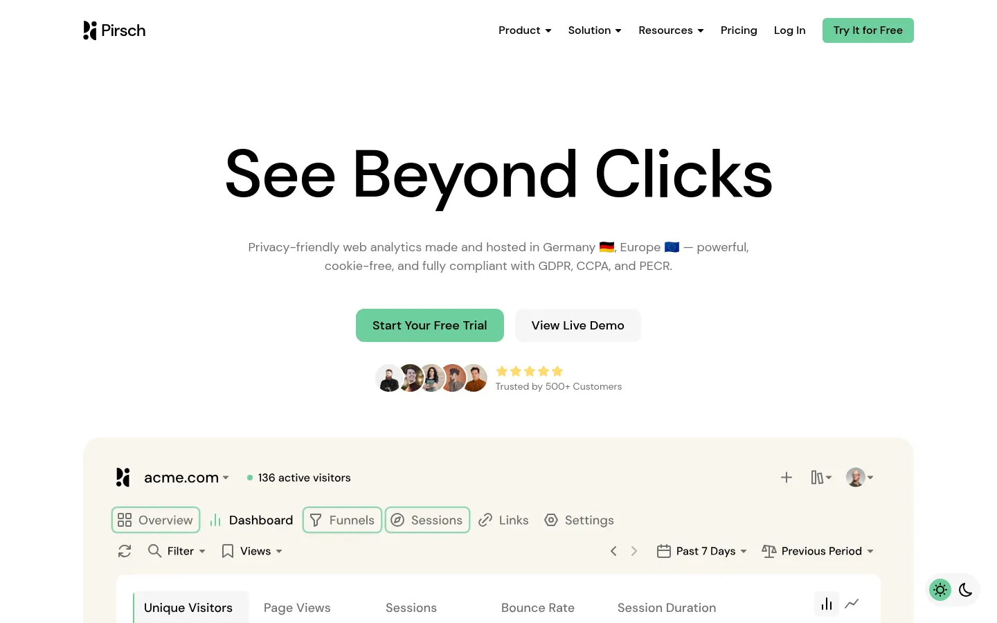 The desktop homepage features a clean, white background with a large hero headline reading 'See Beyond Clicks' and a subheadline about privacy-friendly analytics. Two prominent buttons, 'Start Your Free Trial' in green and 'View Live Demo' in light grey, sit above a row of customer avatars and a star rating. Below the hero section, a mock dashboard interface displays analytics data like active visitors and session metrics.