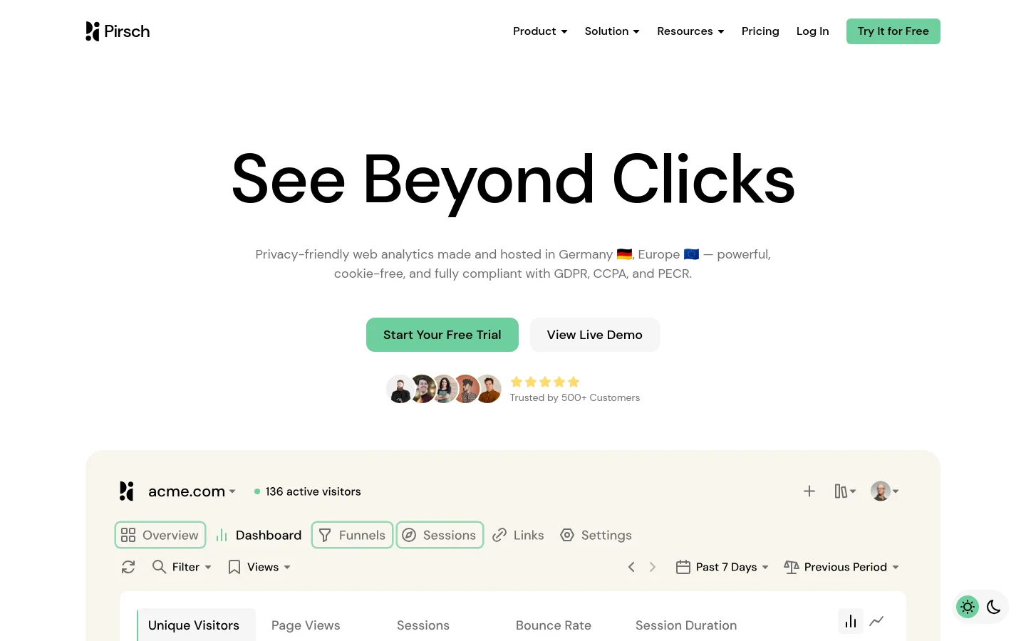 The desktop homepage features a clean, white background with a large hero headline reading 'See Beyond Clicks' and a subheadline about privacy-friendly analytics. Two prominent buttons, 'Start Your Free Trial' in green and 'View Live Demo' in light grey, sit above a row of customer avatars and a star rating. Below the hero section, a mock dashboard interface displays analytics data like active visitors and session metrics.