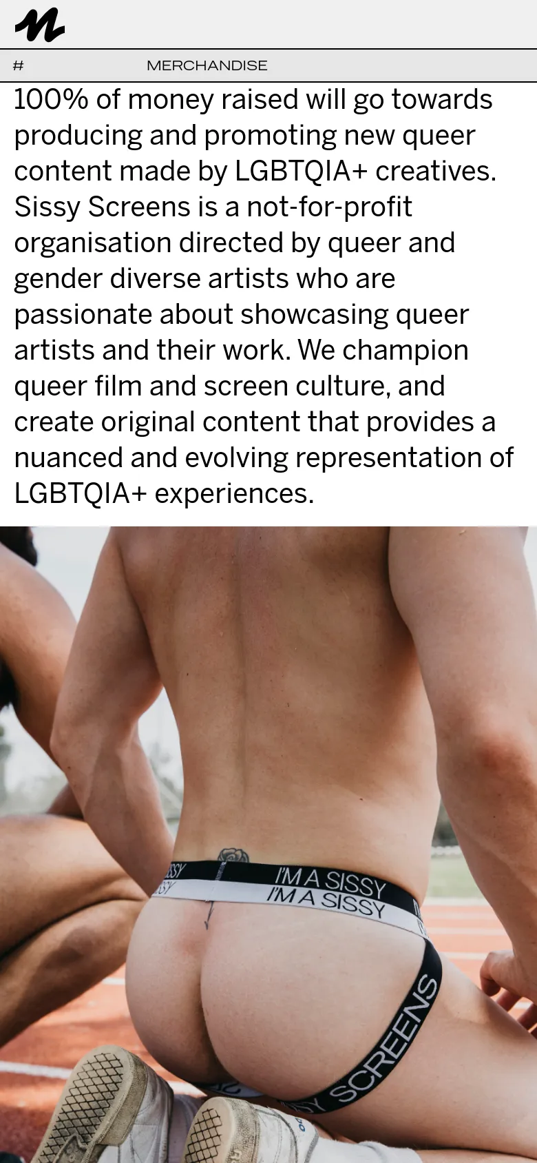 The mobile version presents a single-column vertical layout optimized for small screens. The mission statement text is prominent at the top, followed by a large, full-width hero image of a person in branded merchandise. The product grid is stacked vertically, making it easier to scroll through the sold-out items on a phone.