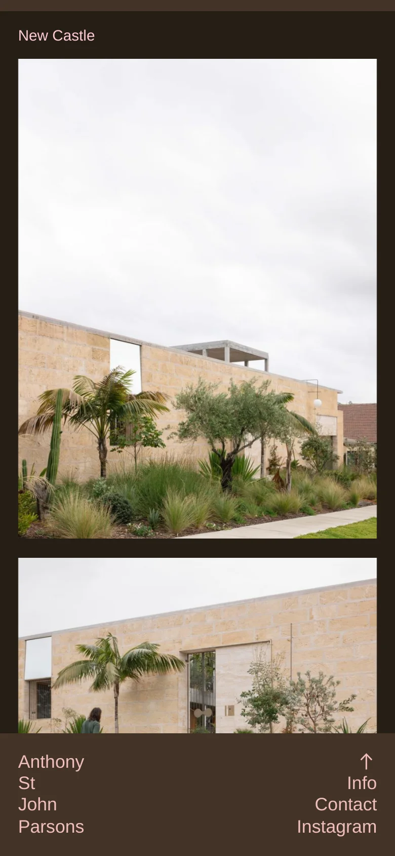 The mobile version maintains the dark brown color scheme and minimalist aesthetic but stacks the content vertically. The text 'New Castle' appears above a large hero image of a sandstone building and garden, with the name and navigation links repositioned to fit the narrow screen width.