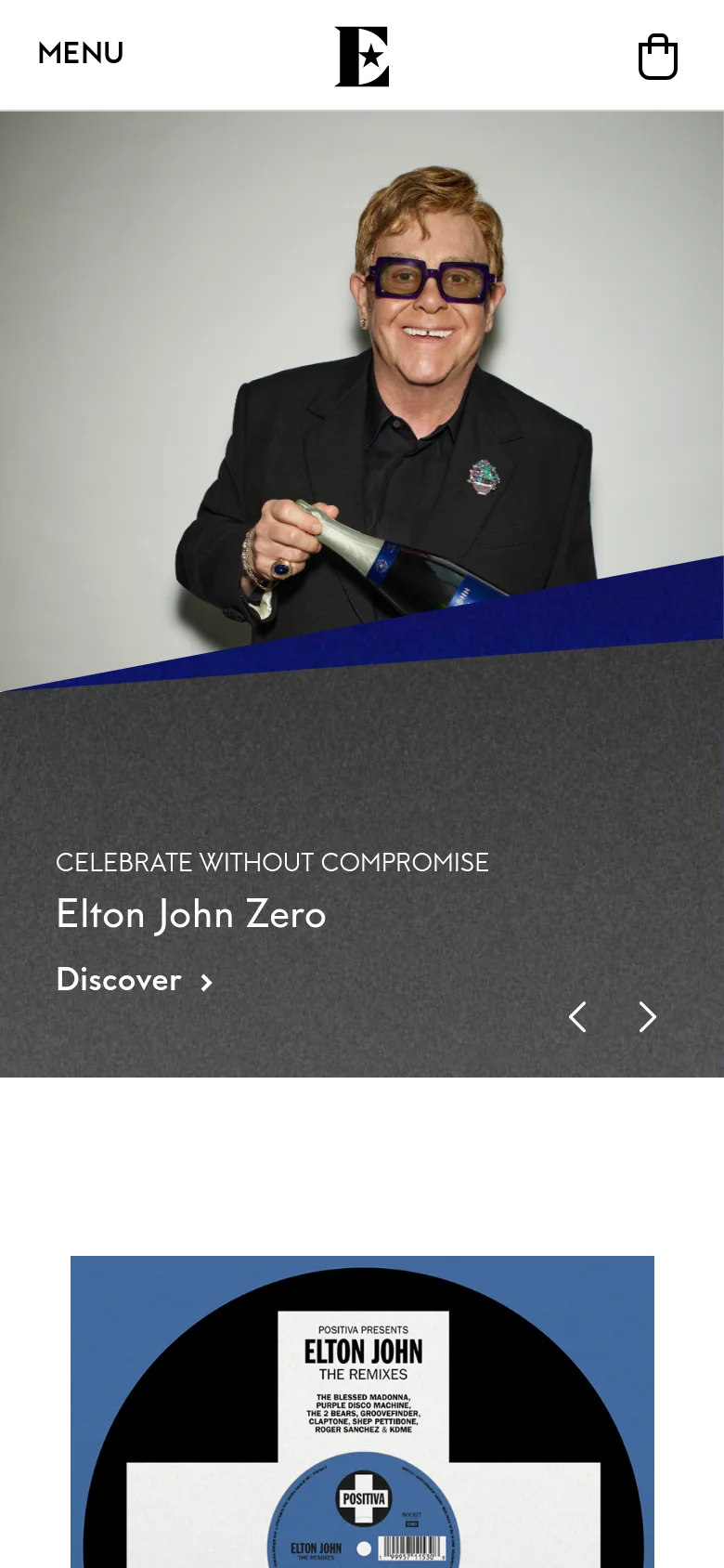 The mobile version presents a vertically stacked layout where the hero image of Elton John occupies the top half of the screen. Below the image, the text 'CELEBRATE WITHOUT COMPROMISE', 'Elton John Zero', and the 'Discover' link are centered against a dark textured background. The top navigation is simplified with a 'MENU' label, the logo, and a shopping bag icon.