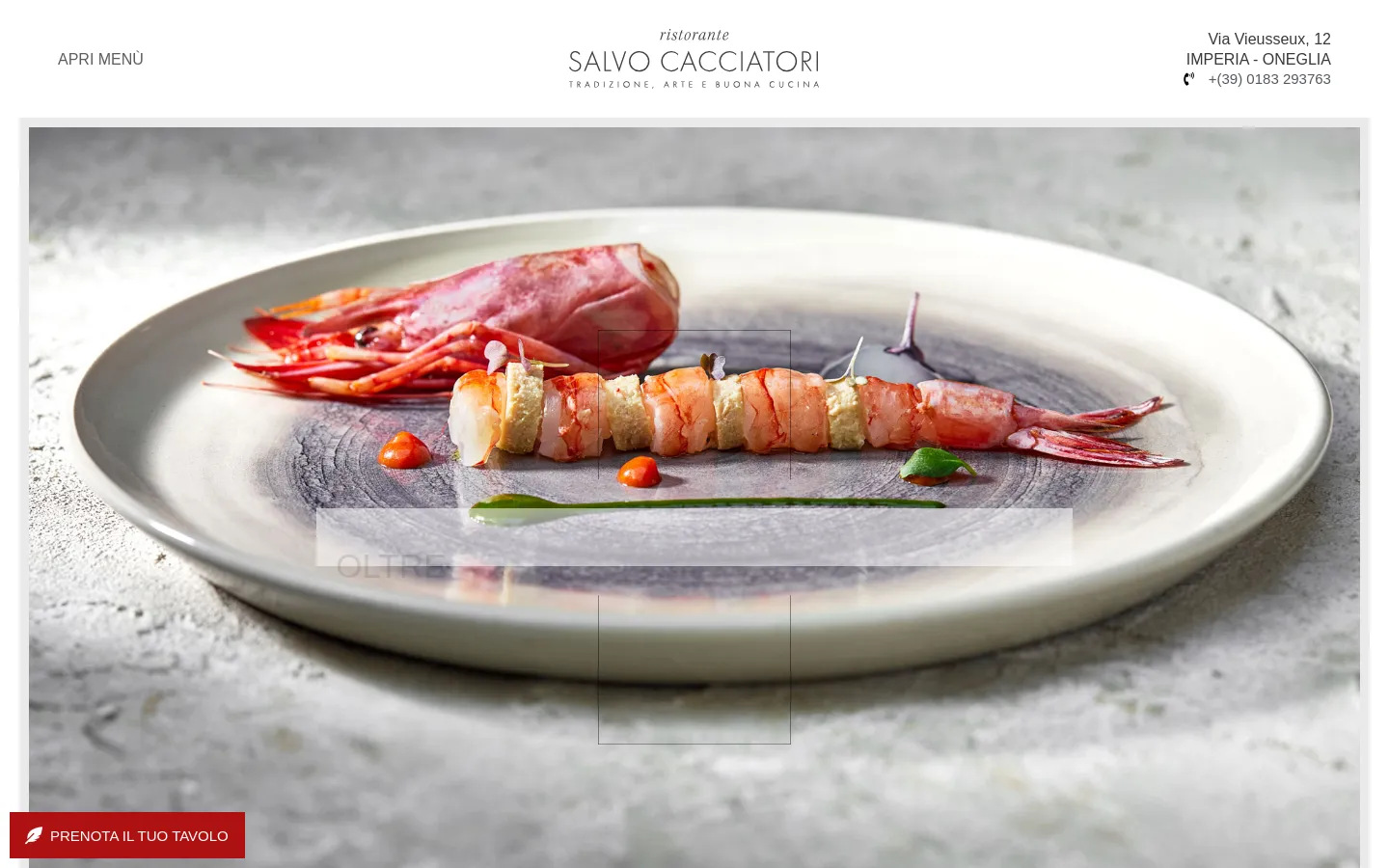 The desktop website features a clean, minimalist design with a large hero image of a gourmet seafood dish on a white plate. The header includes the restaurant name 'Salvo Cacciatori' in the center, 'Apri Menù' on the left, and contact details on the right, all set against a white background. A prominent red button labeled 'PRENOTA IL TUO TAVOLO' is located in the bottom left corner.