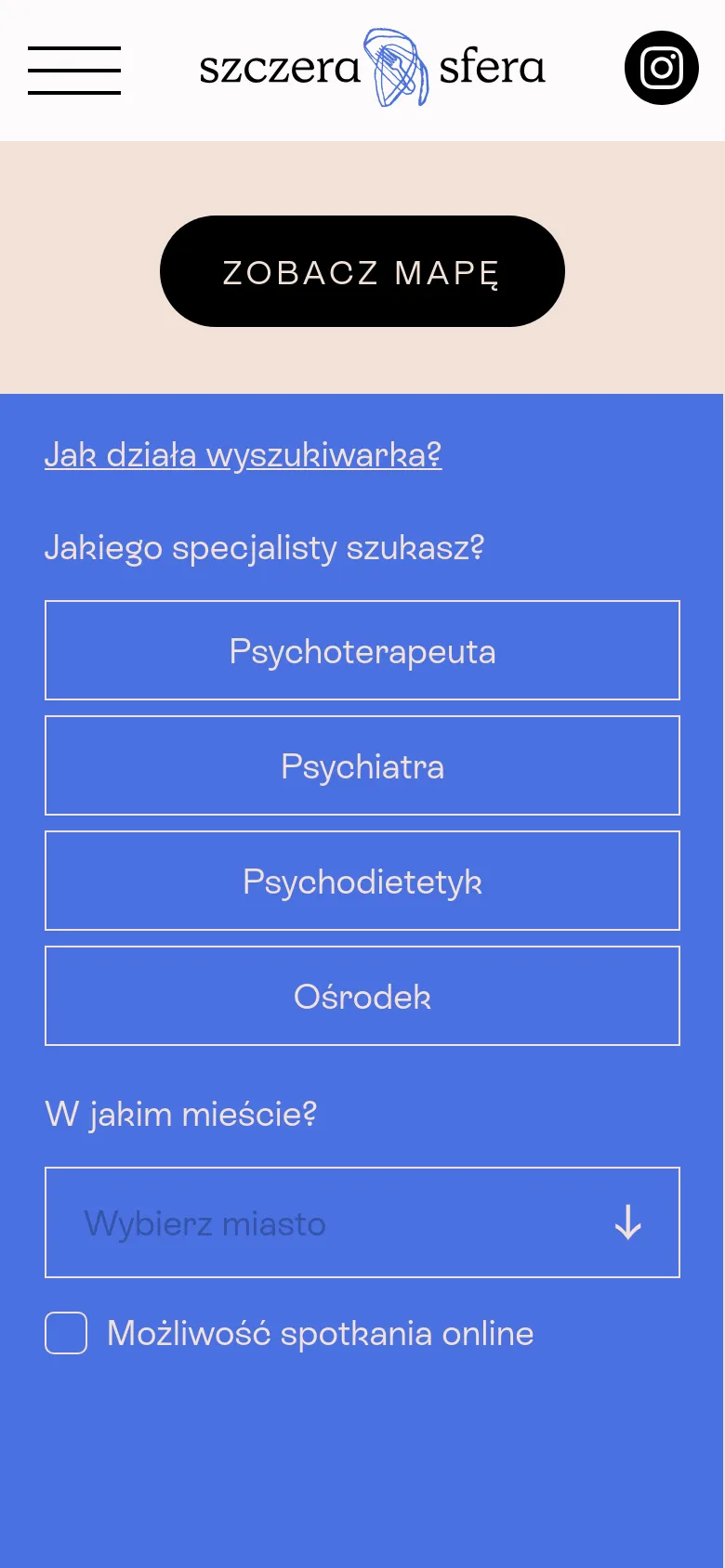 The mobile version presents a vertically stacked layout with a simplified header containing a menu icon and Instagram link. The top section features a large black 'ZOBACZ MAPĘ' button on a beige background, followed by the blue search form where specialist selection buttons and the city dropdown are arranged in a single column for easier scrolling.