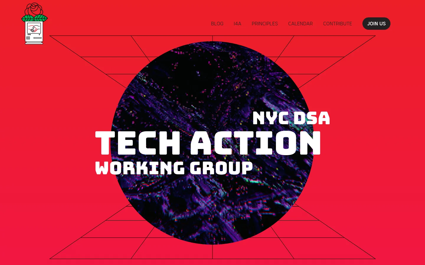 The desktop homepage features a bold red background with a large central dark circular graphic containing glitchy purple textures. Large white sans-serif text reads 'NYC DSA TECH ACTION WORKING GROUP' over the graphic, and a navigation menu with a 'JOIN US' button is positioned at the top right. A stylized icon of a rose emerging from a computer monitor sits in the top left corner.