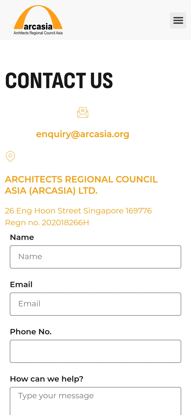 The mobile version uses a single-column vertical layout with a hamburger menu icon in the top right. The contact information and email address are centered above the contact form, which spans the full width of the screen with input fields for Name, Email, Phone No., and a large text area for messages.
