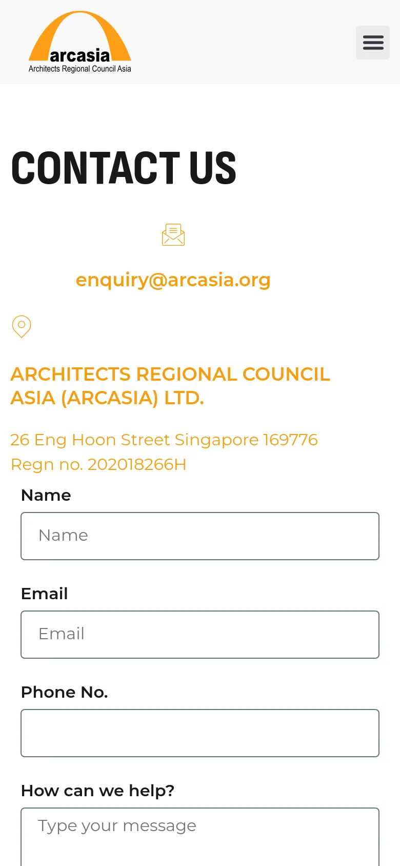 The mobile version uses a single-column vertical layout with a hamburger menu icon in the top right. The contact information and email address are centered above the contact form, which spans the full width of the screen with input fields for Name, Email, Phone No., and a large text area for messages.