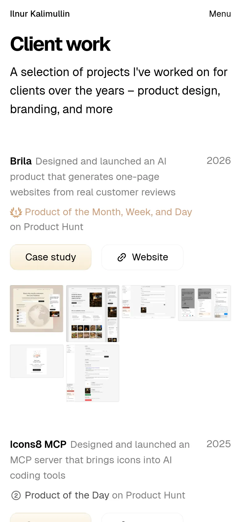 The mobile version uses a single-column layout with a condensed header containing a 'Menu' button. The 'Client work' headline and project description are stacked vertically, and the project buttons are larger for touch interaction. The project screenshot gallery shifts from a horizontal row to a grid of smaller images to fit the narrow screen width.