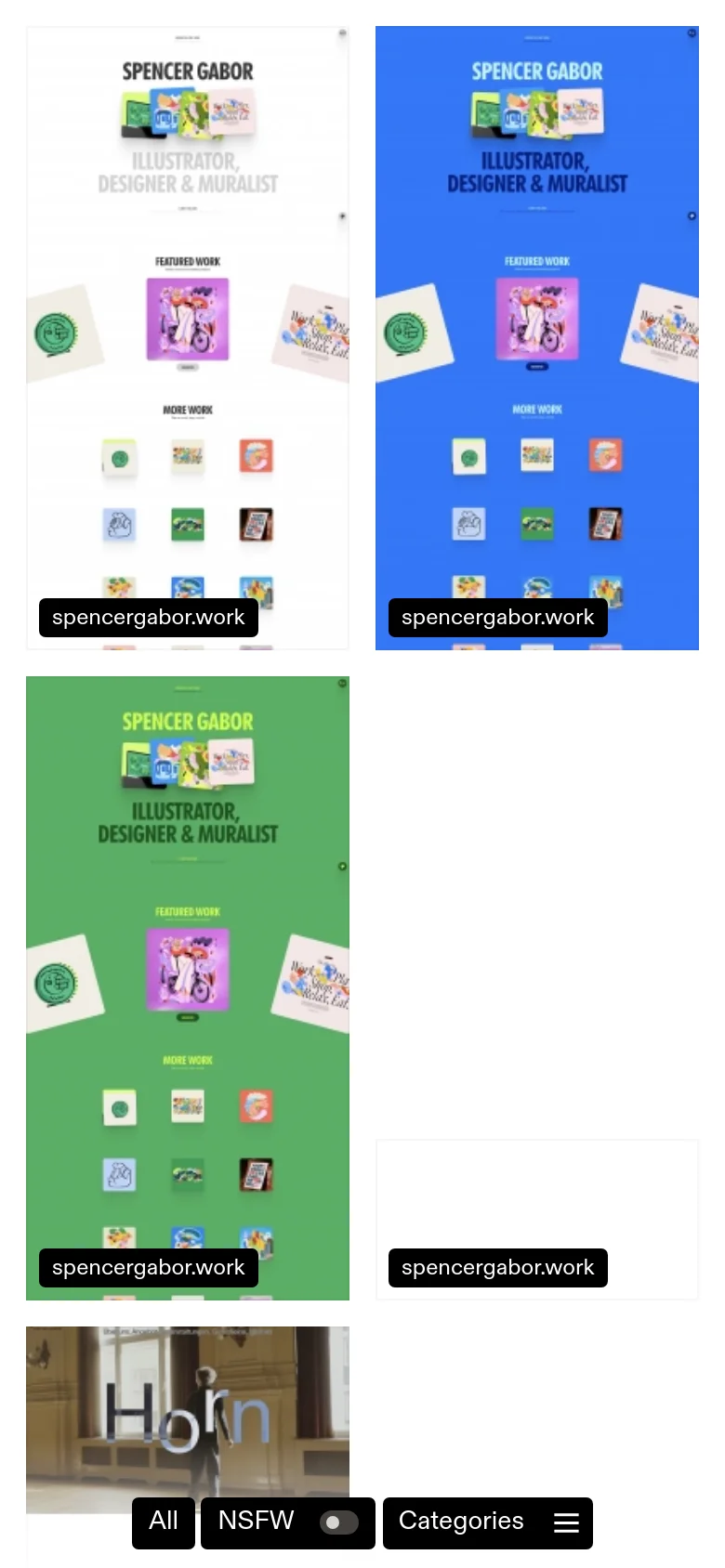 The mobile view shows a single-column vertical layout of large website preview images. A bottom navigation bar provides quick access to 'All', 'NSFW' toggle, and a 'Categories' menu. The sidebar from the desktop version is hidden to prioritize the visual grid of design entries.