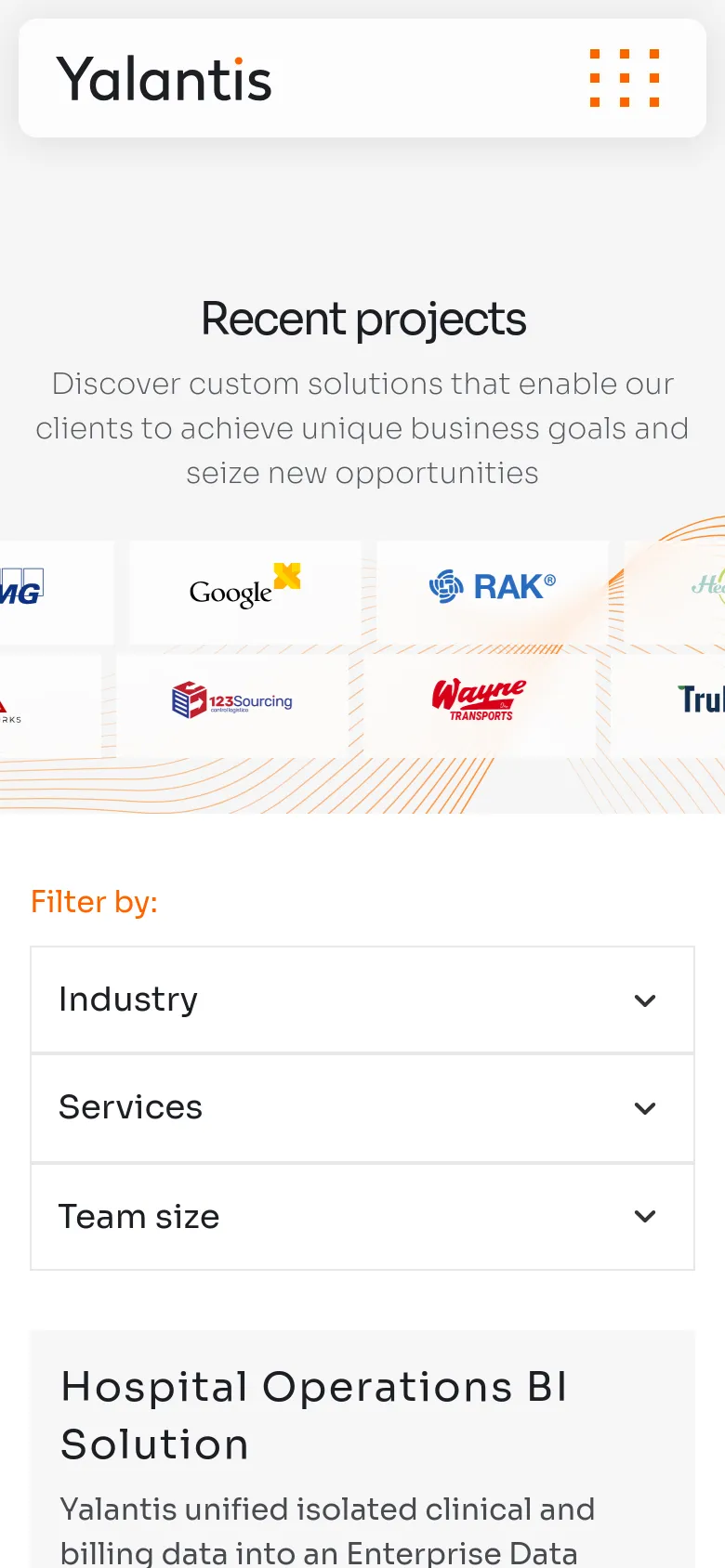 The mobile version simplifies the layout, stacking the 'Recent projects' headline and subheadline vertically. The client logo grid is condensed, and the filtering section uses full-width dropdown menus for Industry, Services, and Team size to ensure touch accessibility. The case study section follows below, maintaining the same text hierarchy and imagery in a single-column format.