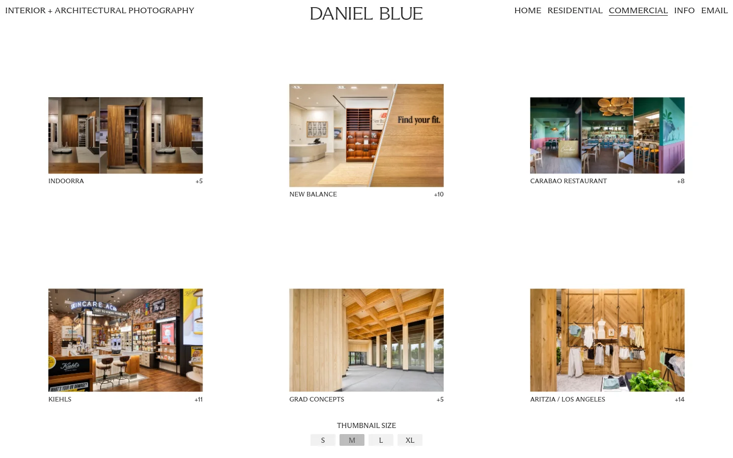 The desktop version features a minimalist white layout with the name 'DANIEL BLUE' centered at the top and navigation links on the sides. A grid of large, high-quality commercial photography projects, such as Indoorra and New Balance, displays wide-angle interior shots with project titles and additional image counts below each. The design uses clean typography and ample white space to highlight the professional photography portfolio.