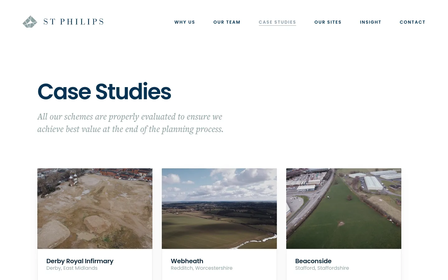 The desktop Case Studies page features a clean white background with a minimalist navigation menu at the top. A large dark blue headline is followed by a brief introductory sentence, below which a grid of case study cards displays aerial landscape photography, project titles, and locations.