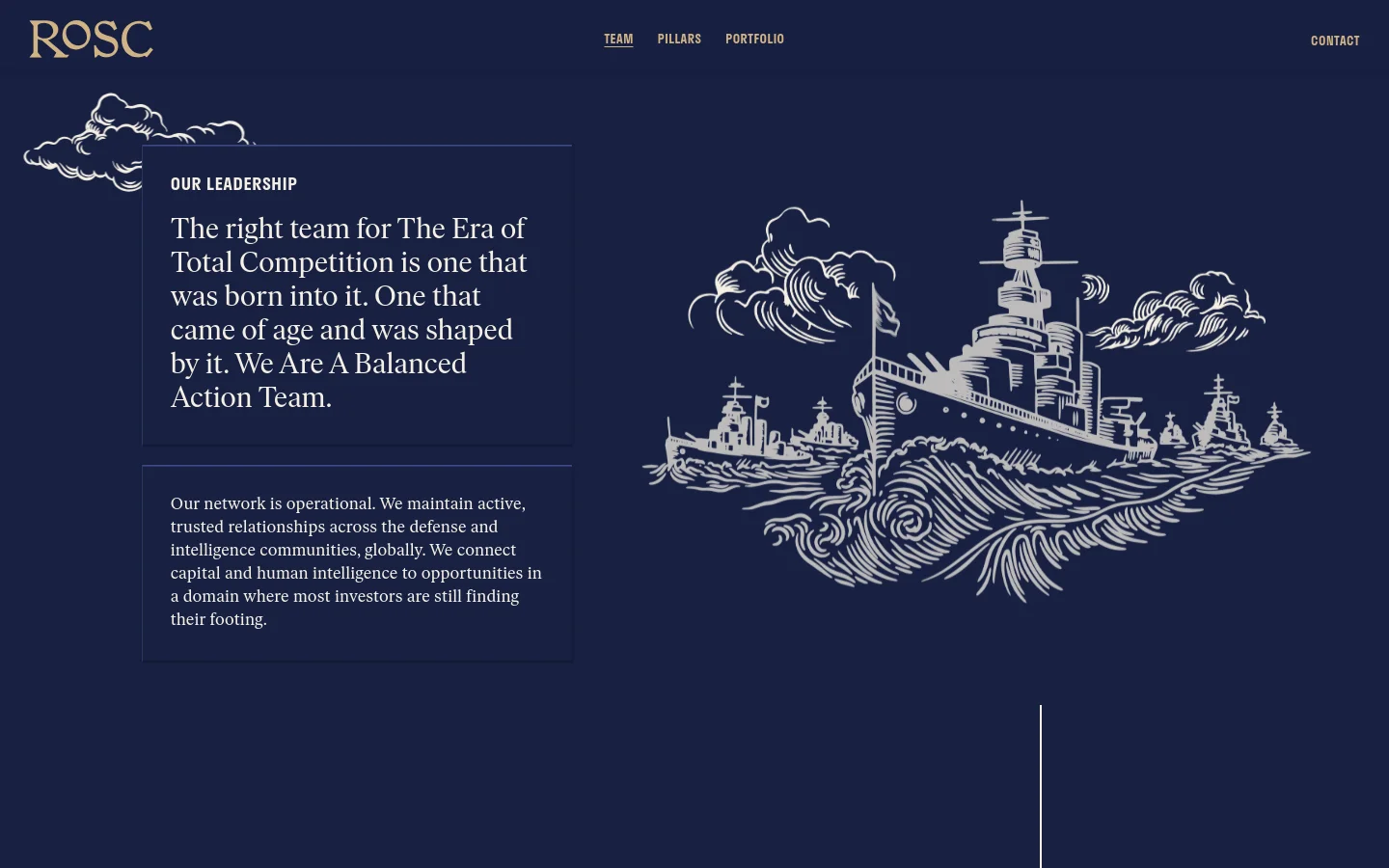 The desktop page features a dark navy background with a large, white line-art illustration of naval ships on waves. To the left, a text box contains the headline 'Our Leadership' and introductory paragraphs about the team's expertise in defense and intelligence. The navigation bar at the top includes the Rosc logo and links for Team, Pillars, Portfolio, and Contact.