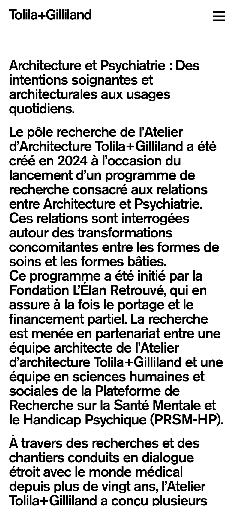 The mobile version presents a single-column vertical layout optimized for small screens. The header contains the 'Tolila+Gilliland' logo on the left and a hamburger menu icon on the right. The text is enlarged for readability, with the main headline and body paragraphs stacking vertically without side-by-side columns.