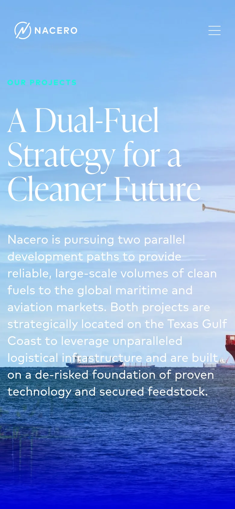 The mobile version presents a vertically stacked layout with the hero image of the ship and plane filling the background. The headline and descriptive text are centered and scaled down to fit the narrow screen, and the top navigation is replaced by a hamburger menu icon.