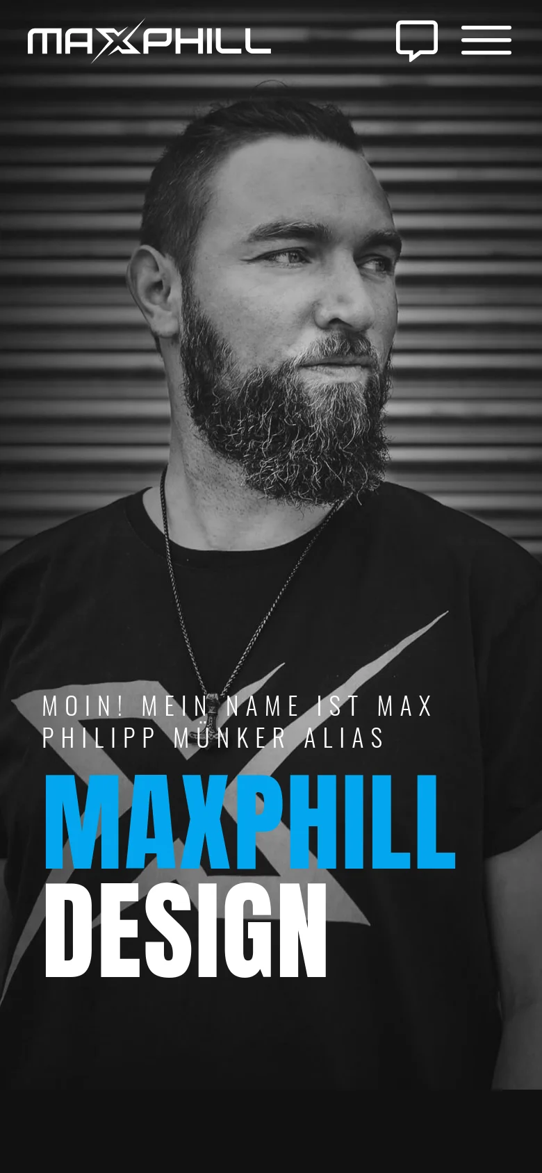 The mobile version features a vertically oriented, full-screen black and white portrait of the man. The headline text is repositioned lower on the screen, and the navigation menu is replaced by a hamburger icon and a chat icon in the top right corner.