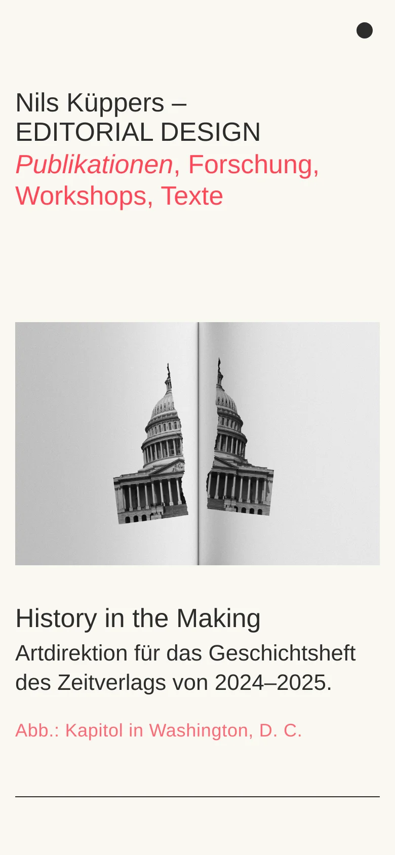 The mobile version presents a single-column layout optimized for vertical scrolling. The header displays the name 'Nils Küppers – EDITORIAL DESIGN' in large black and red text, followed by the same large hero image of the torn Capitol magazine spread.