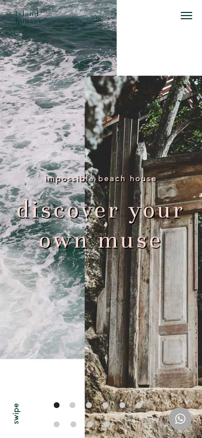 The mobile version uses a vertical layout with a large, split-screen hero image showing ocean waves and a rustic wooden door. The navigation is condensed into a hamburger menu icon in the top right, and the headline 'discover your own muse' is centered over the imagery. A WhatsApp floating action button is visible in the bottom right corner.