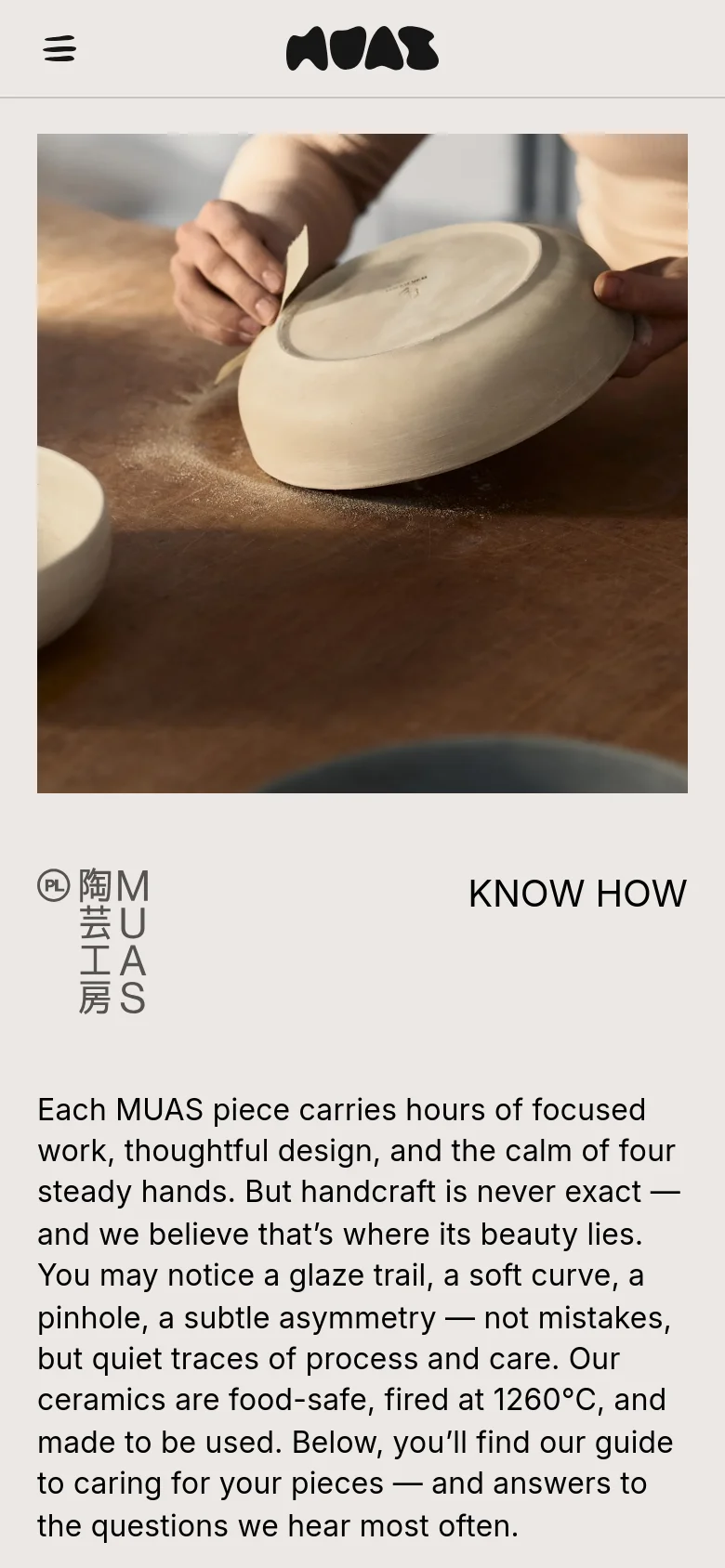 The mobile version uses a single-column layout, stacking the large hero image of the ceramic bowl above the 'KNOW HOW' heading and descriptive text. The navigation is condensed into a hamburger menu icon at the top left, and the brand logo is centered at the top.