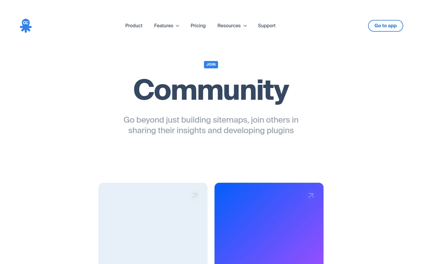 The desktop Community page features a clean, white background with a blue Octopus logo in the top left and a navigation menu including Product, Features, Pricing, Resources, and Support. A large, bold 'Community' headline is centered below a blue 'JOIN' badge, followed by a subheadline about sharing insights and developing plugins. Below the text, two large, rounded rectangular cards with subtle gradients and arrow icons are arranged side-by-side.