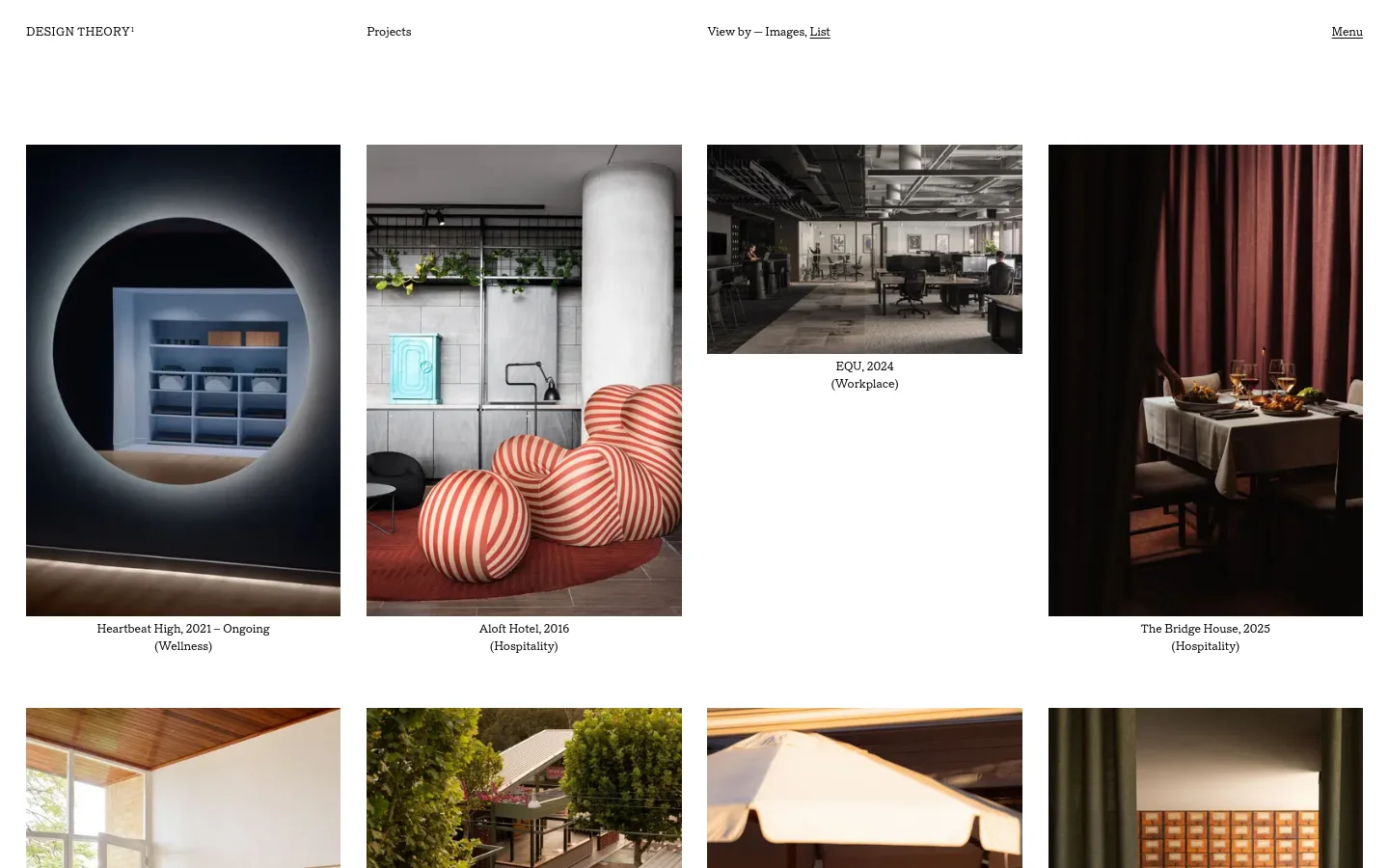 Design Theory projects page featuring a minimalist masonry grid of architectural and interior design photography. The layout displays large-scale imagery for projects like Heartbeat High and Aloft Hotel, paired with clean serif typography and a neutral, sophisticated palette.