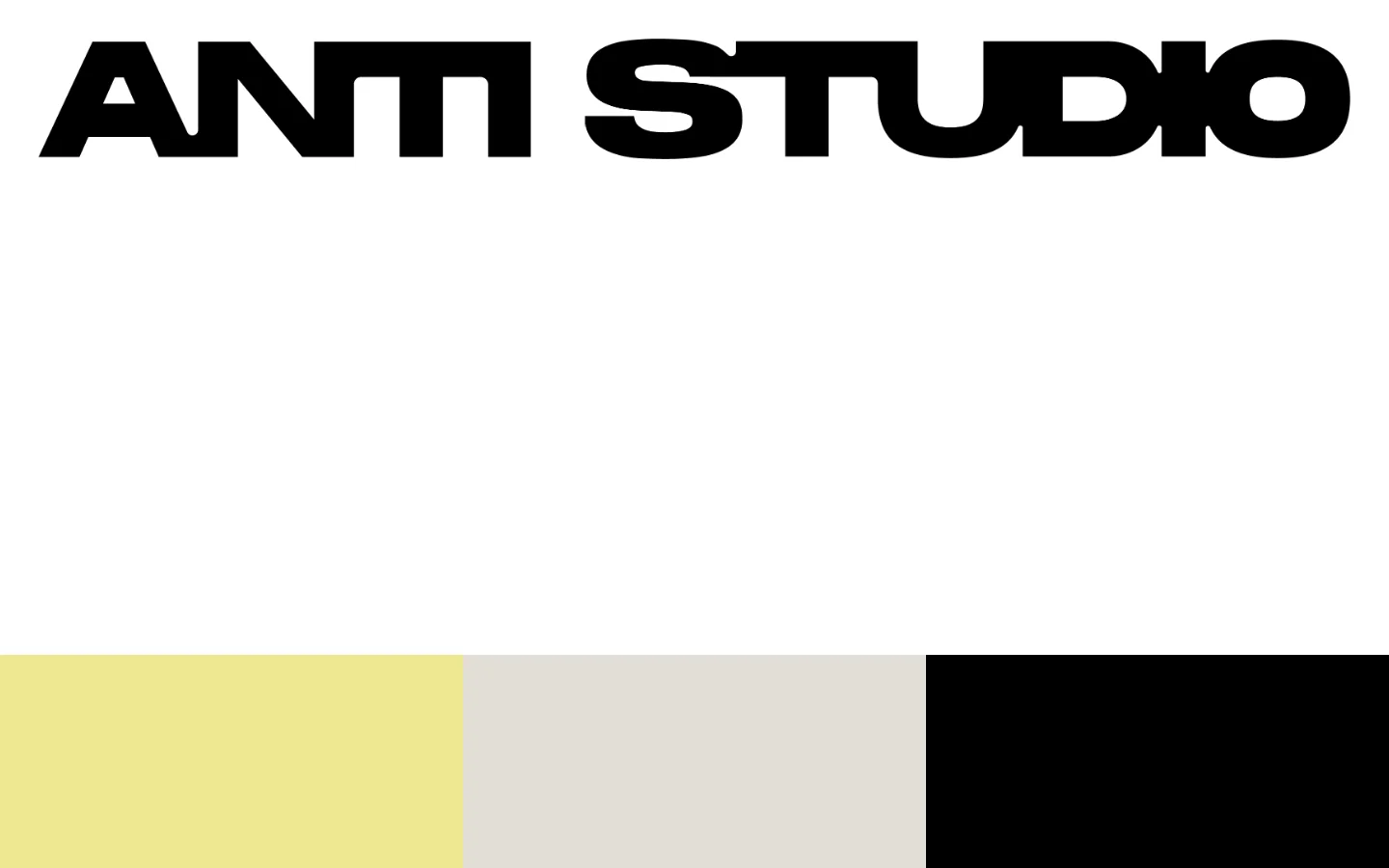 The desktop homepage features a minimalist design with a large black 'ANTI STUDIO' logo at the top against a white background. Below, the text 'Image-Making Studio for CGI Narratives' is displayed, followed by three large, distinct color blocks in pale yellow, light grey, and black, each containing a navigation link: Projects, About, and Contact.
