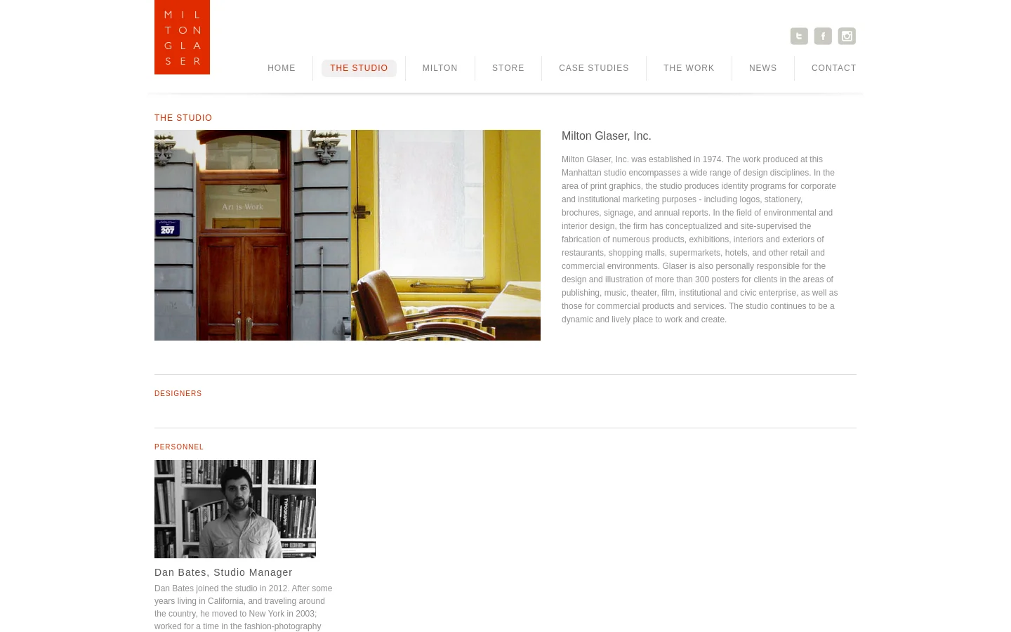 The desktop page features a minimalist white layout with a top navigation menu and a red Milton Glaser logo on the left. The main content includes a large landscape photograph of a sunlit studio interior next to a heading for 'Milton Glaser, Inc.' followed by descriptive text. Below, a section for 'Personnel' shows a black and white portrait of Dan Bates, the Studio Manager.