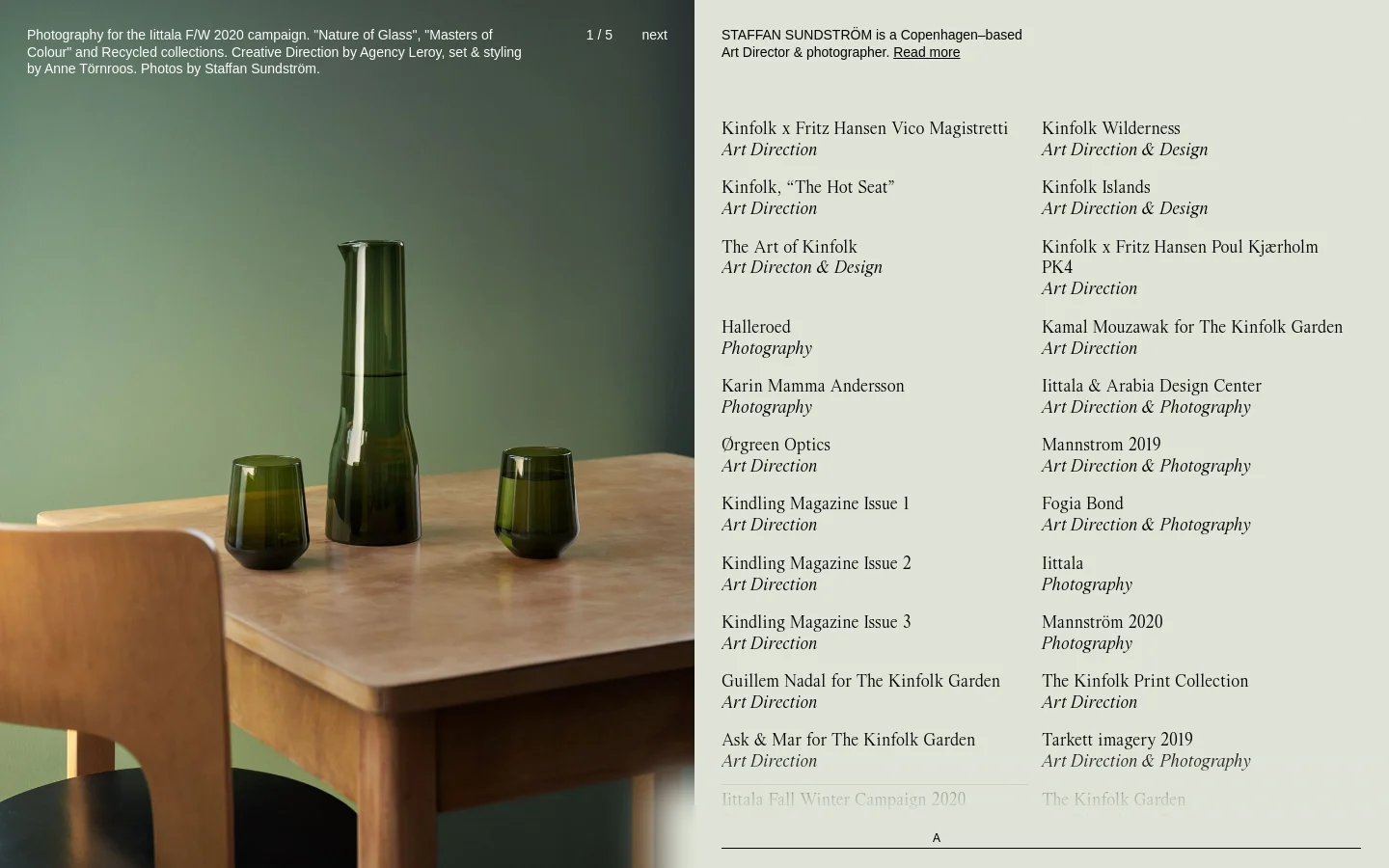 A desktop webpage featuring a large hero image of green glassware on a wooden table against a muted green background. The right side contains a text-heavy layout with the photographer's name, a brief bio, and a long vertical list of project links including 'Kinfolk' and 'Iittala'. Navigation elements like '1 / 5' and 'next' are visible at the top.