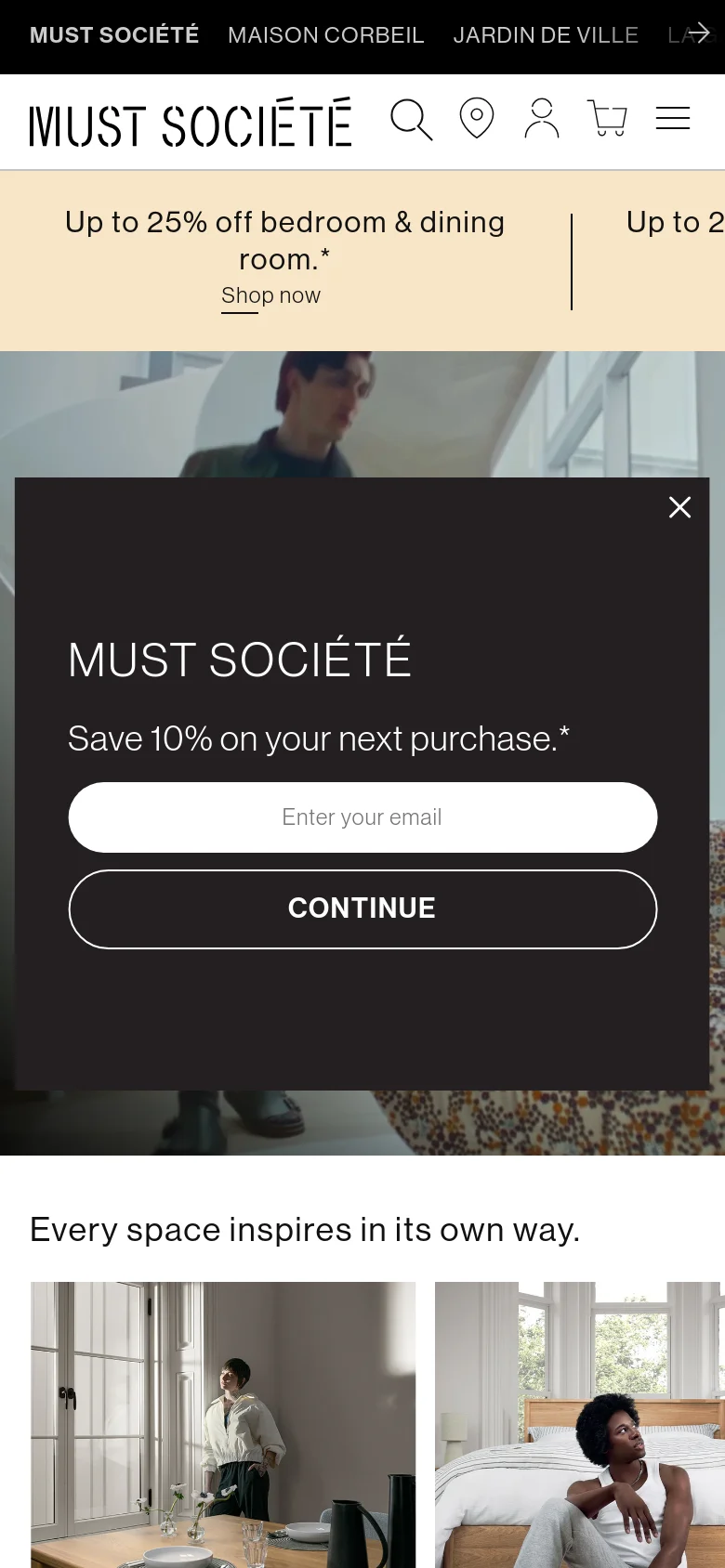 The mobile version uses a condensed header with a hamburger menu, search, and account icons. A promotional banner sits at the top, and a large pop-up overlay invites users to 'Save 10% on your next purchase' via email. The main content follows a vertical stack, starting with the hero image and transitioning into a single-column layout for the collection categories.