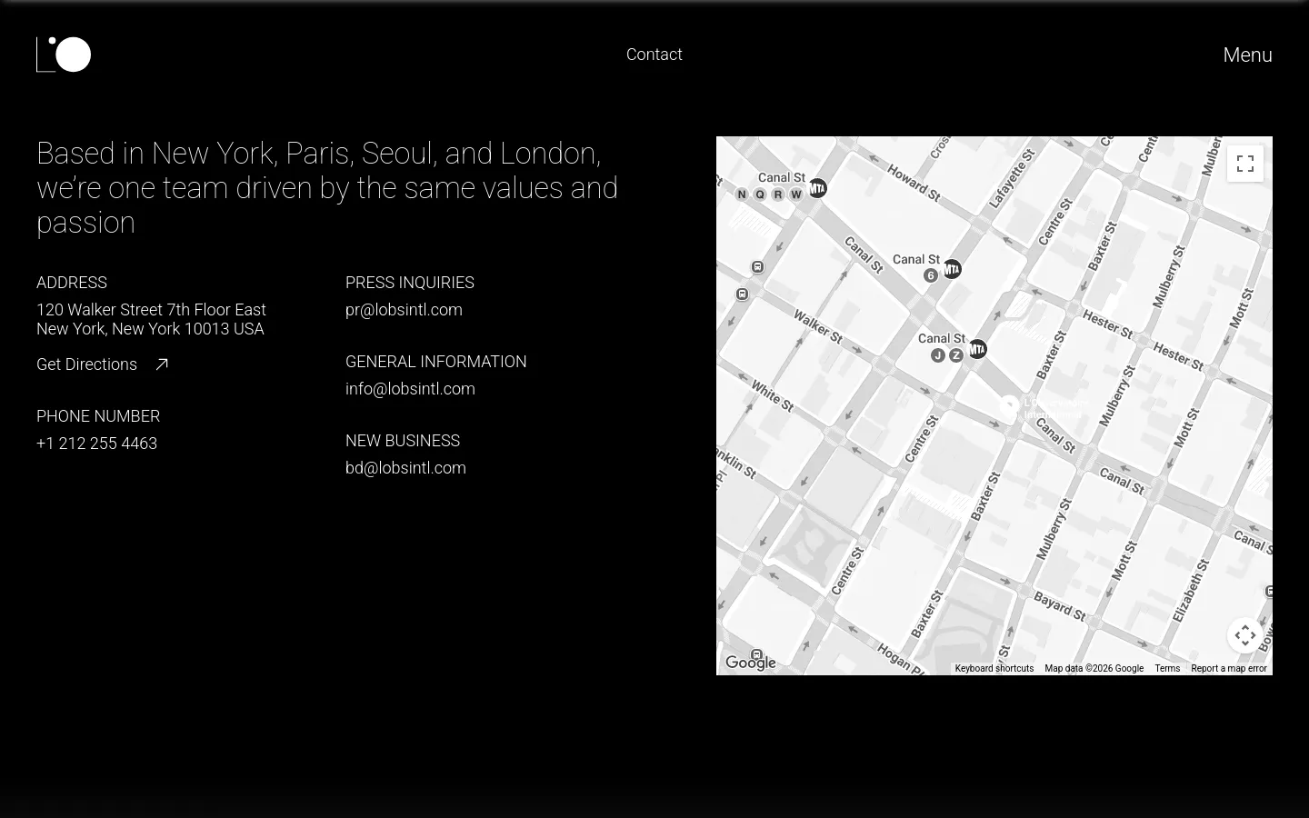The contact page features a dark theme with white text. On the left, a large headline is followed by contact details including address, phone number, and email addresses for press, general info, and new business. On the right, a large Google Map shows the location in New York City.