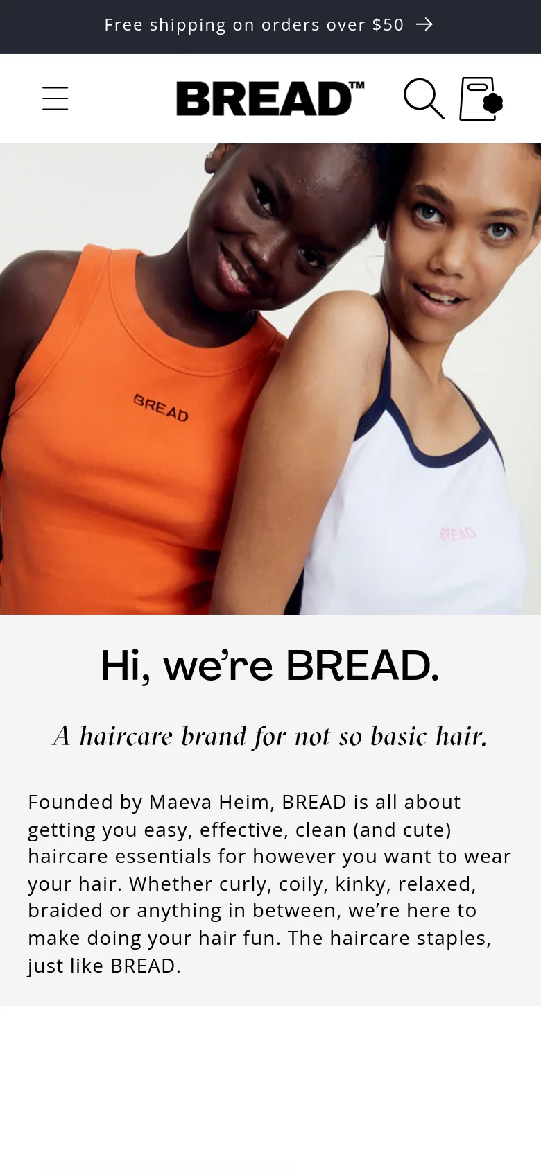 The mobile version presents a vertically stacked layout, starting with a large hero image of two women that fills the width of the screen. The headline 'Hi, we're BREAD.' and the brand mission text follow directly below the image. The navigation is condensed into a hamburger menu and search icon at the top.