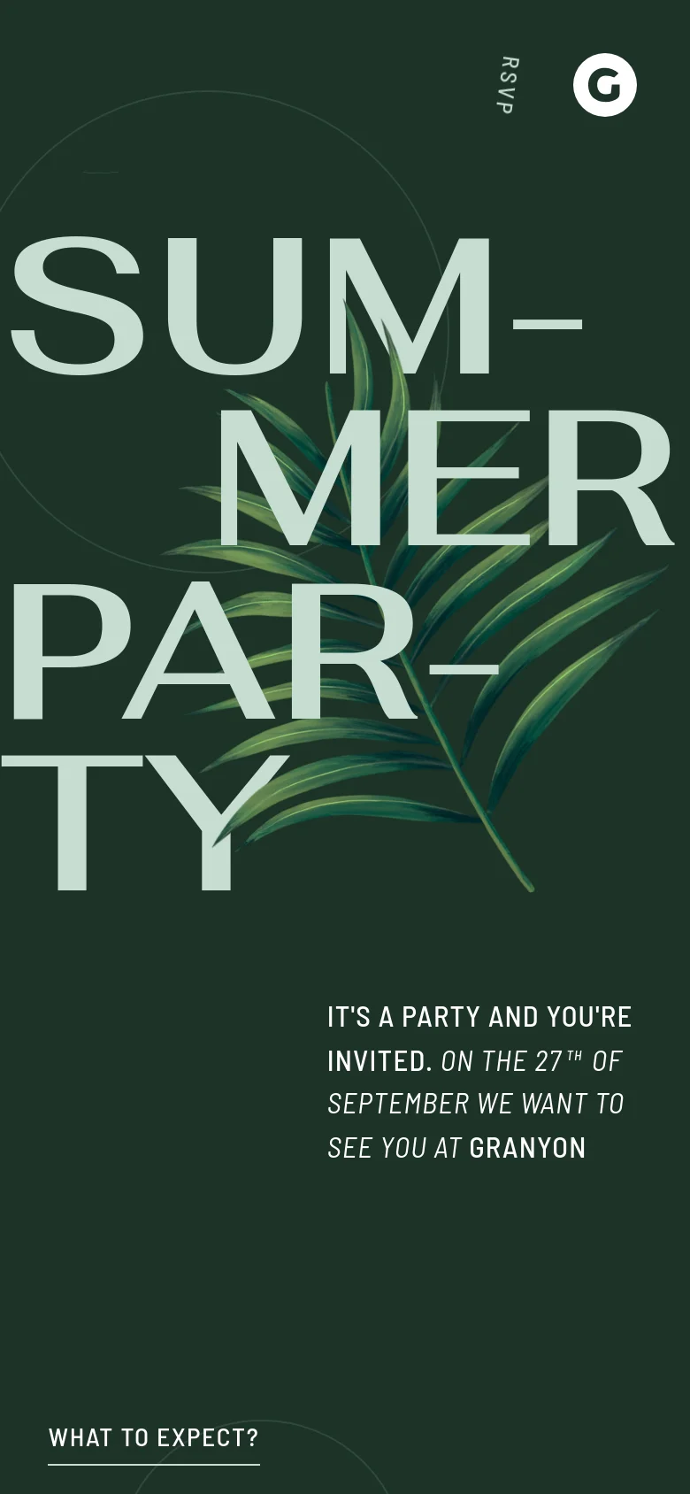 The mobile version maintains the dark green theme and large mint-colored typography, but the text is stacked vertically to fit the portrait orientation. A large palm leaf graphic is layered behind the central text, and the layout is more compact with the RSVP link at the top.