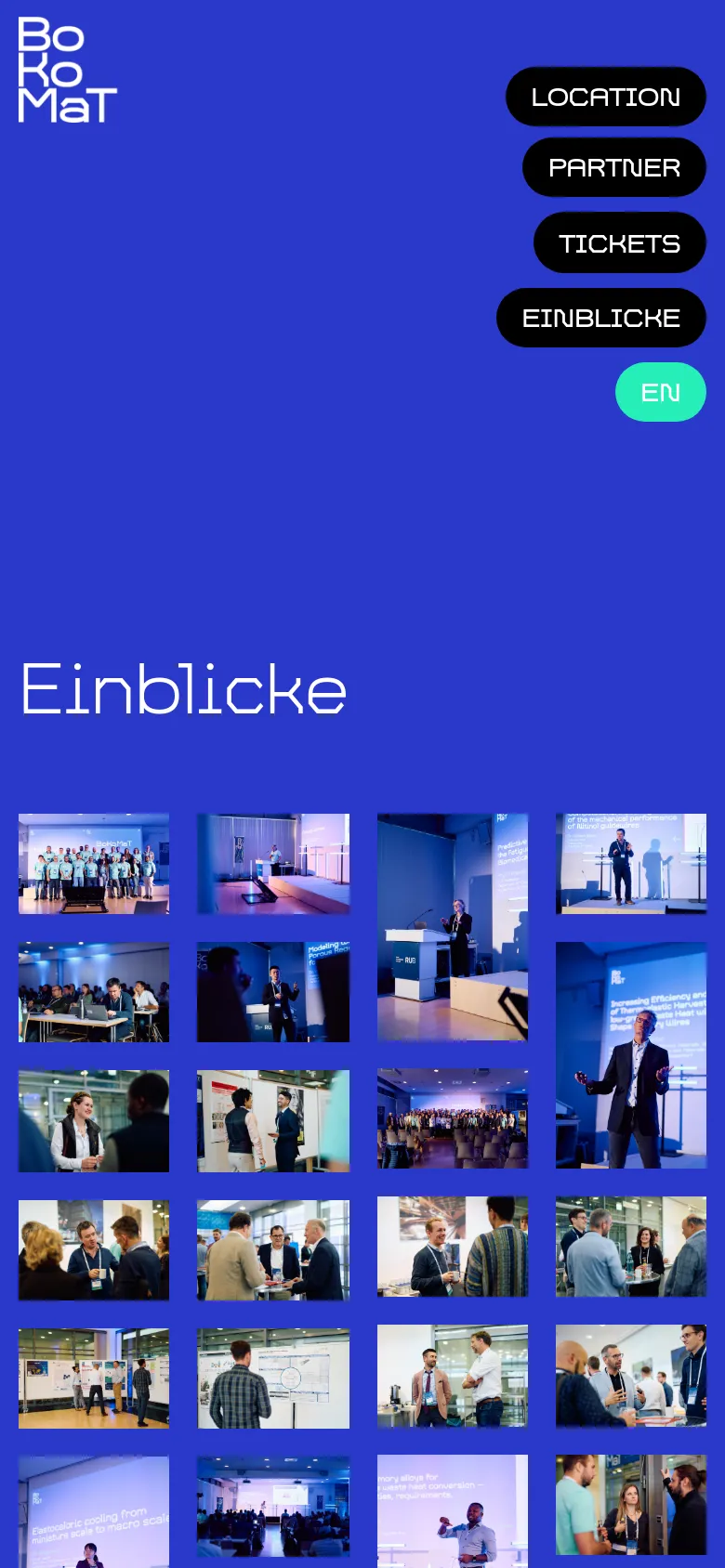 The mobile version uses a vertical layout with a large blue header containing the logo and a stacked menu of black pill-shaped buttons. The 'Einblicke' headline is followed by a multi-column grid of smaller conference photos that are scaled for a narrow screen.