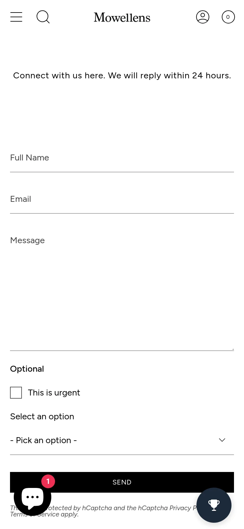 The mobile version maintains the minimalist white and black aesthetic but stacks the form elements vertically for a narrower view. The header contains a hamburger menu, search icon, brand logo, user icon, and shopping bag. The contact form fields and the 'SEND' button are prominently displayed, with floating 'Chat' and 'Rewards' buttons at the bottom corners.