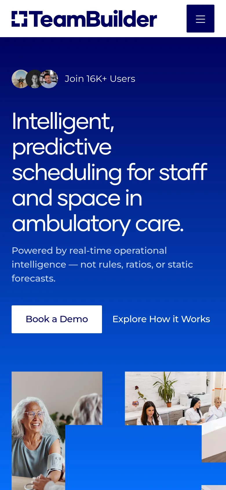 The mobile version uses a vertical layout with the dark blue hero section at the top, placing the headline and 'Book a Demo' button prominently above the imagery. The navigation is condensed into a hamburger menu icon in the top right, and the healthcare imagery is stacked vertically below the primary call to action.