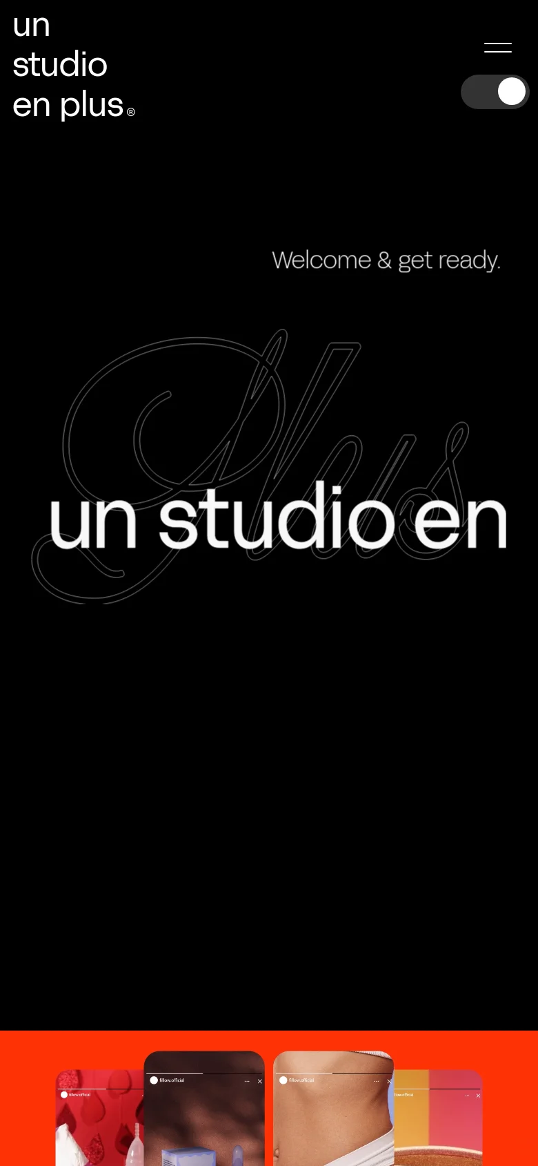 The mobile version maintains the dark minimalist aesthetic and large white typography, but the layout is vertically stacked for a narrower viewport. The hero text and toggle switch are centered or adjusted for vertical scrolling, and project tiles appear as full-width single columns.