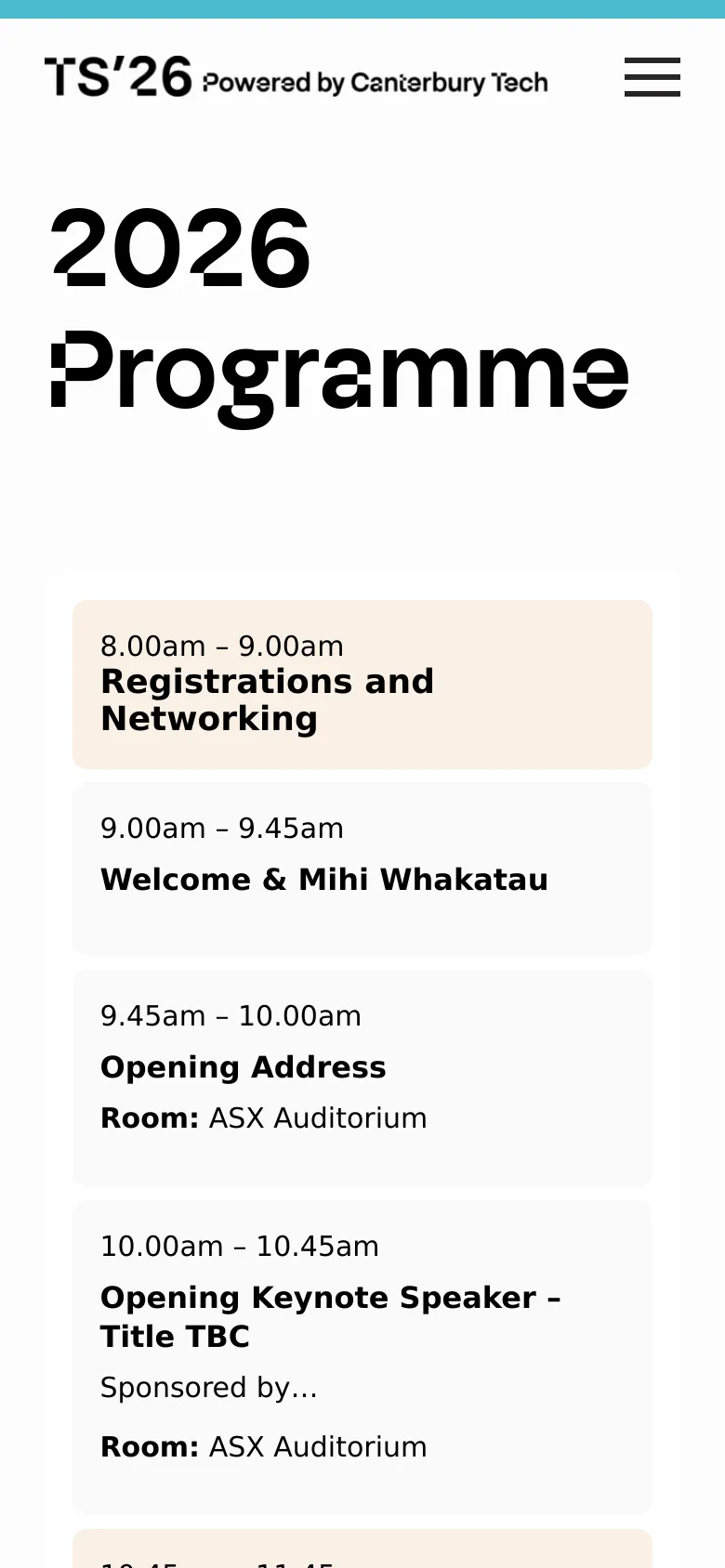 The mobile version simplifies the layout into a single column, with the TS'26 logo and a hamburger menu icon at the top. The large '2026 Programme' headline is followed by a stacked list of schedule items in beige and white cards, showing times and session titles such as 'Welcome & Mihi Whakatau'. The navigation links from the desktop version are hidden within the mobile menu.