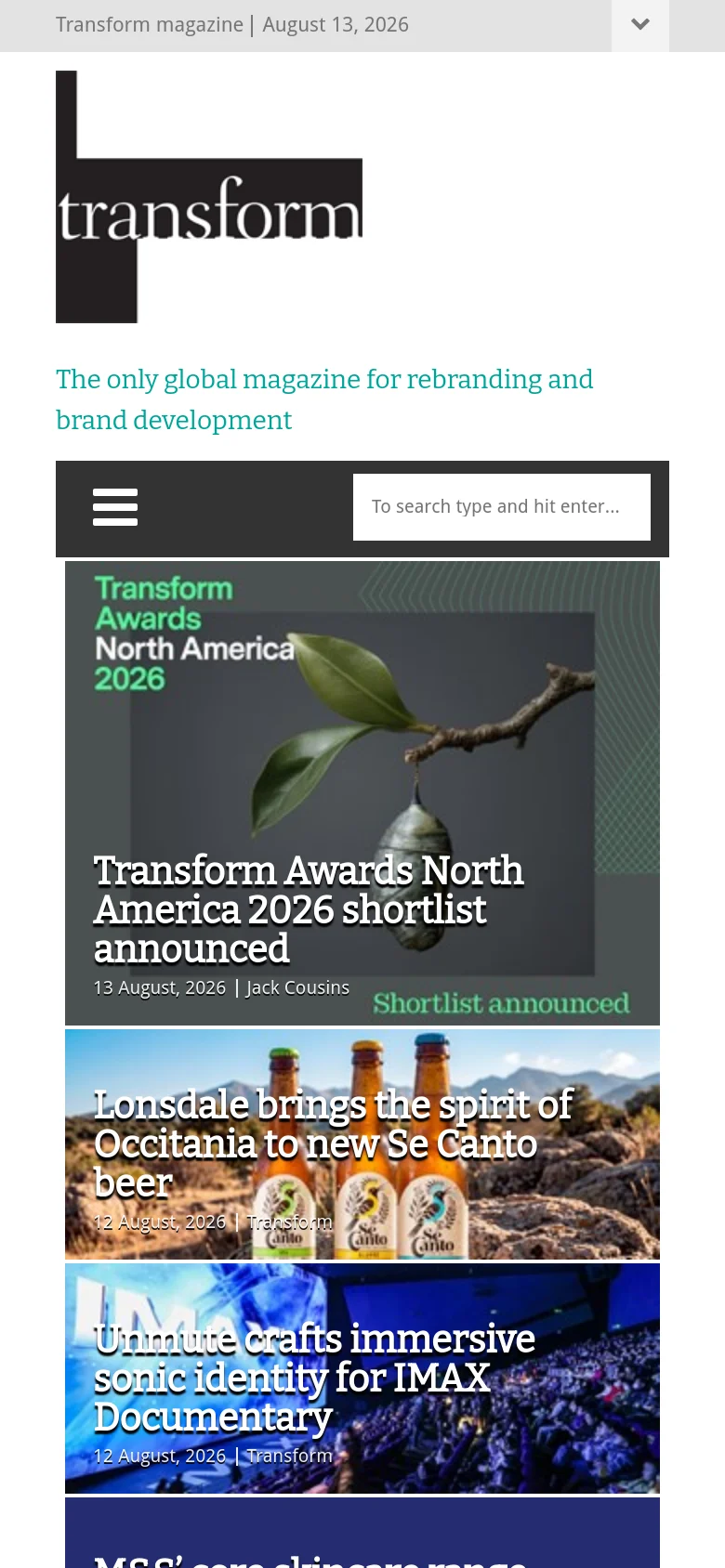 The mobile version presents a simplified vertical layout with a hamburger menu icon for navigation. The large black logo and teal tagline are centered at the top, followed by a single-column stack of article tiles that feature full-width images and overlaid text headlines.