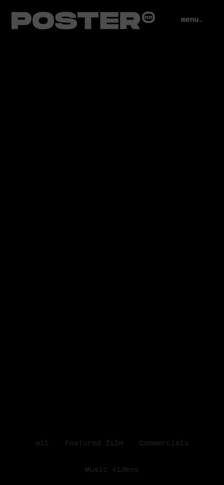 The mobile version maintains the dark theme and minimalist aesthetic. The navigation menu and project filters are stacked vertically for easier scrolling, and the video project grid transitions into a single-column layout for better visibility on small screens.
