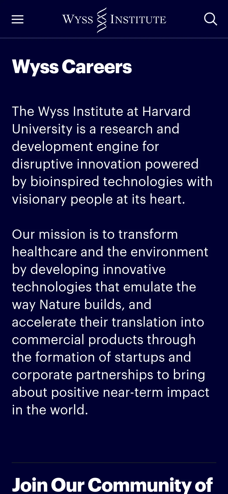 The mobile version uses a similar dark navy color scheme and white typography but features a condensed layout. The navigation is simplified into a hamburger menu and a search icon, with the 'Wyss Careers' headline and mission text stacked vertically to fit the narrower screen width.