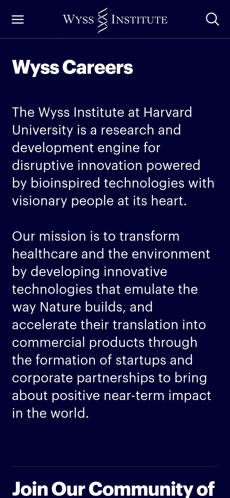 The mobile version uses a similar dark navy color scheme and white typography but features a condensed layout. The navigation is simplified into a hamburger menu and a search icon, with the 'Wyss Careers' headline and mission text stacked vertically to fit the narrower screen width.